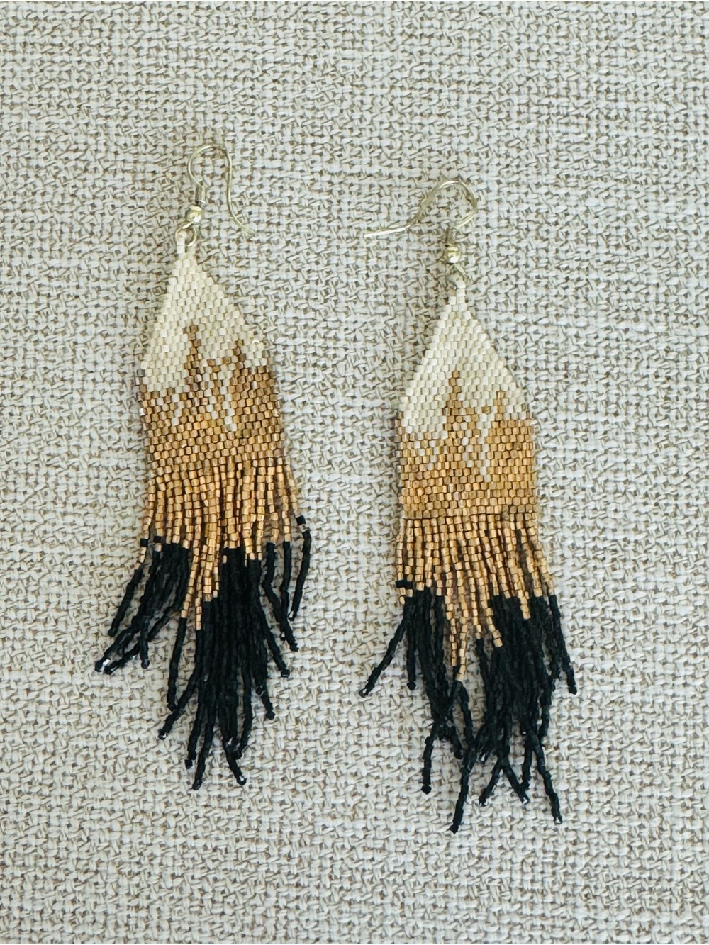 Handmade Cream, Gold & Black Beaded Fringe Earrings